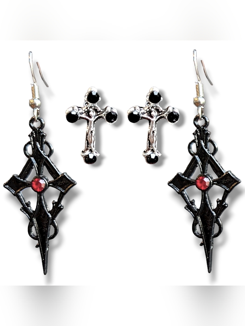 NWT 2 Pairs of Black Cross Earring with Red Gemstones